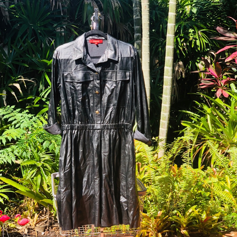 Vintage Faux Leather Black Midi Dress
